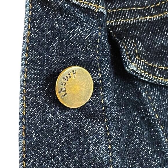 THEORY Kat Indy Denim Dark Wash Trucker Jacket w/ Wool Sweater Hood/Trim Size XS - Picture 2 of 7